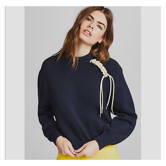 Tibi Sweaters - Tibi Oversized Lanyard Cropped Sweater Pullover Top in Navy